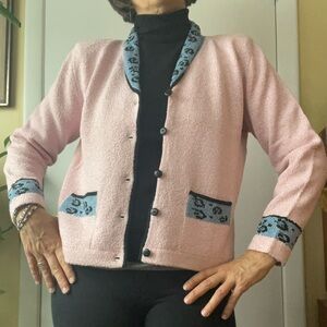 Pink Cardigan with Black/Periwinkle Leopard Trim